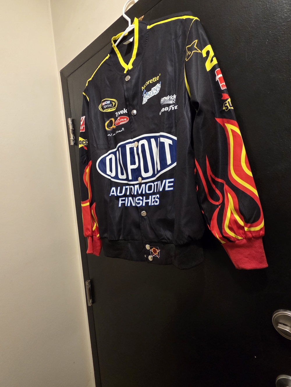 B N W O T. Size Small. Black Racing Satin Jacket with Red & Yellow Flame Sleeves